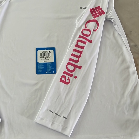 Columbia women's rapid creek long-sleeve top shirt white pink logo M omni shade - Picture 15 of 16